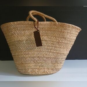 Natural Woven Straw Tote Bag with Wrapped Handles